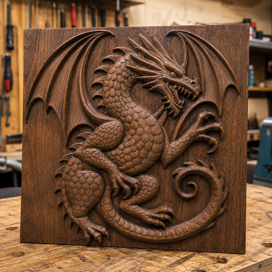 A striking wooden carving of a winged dragon, featuring intricate scales and fierce details, stands upright in a workshop filled with tools and workbenches. Crafted from the "Winged Dragon Panel CNC Relief STL File | Dragon CNC Wall Art" design by Form Arcade, this captivating piece is ideal for woodworking projects.