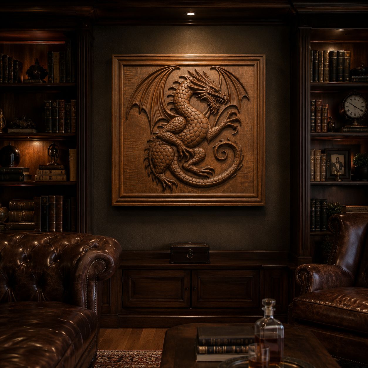 Certainly! Here's a revised version of your sentence incorporating the provided product data: A luxurious library with leather chairs, wooden shelves lined with books, and a large wooden dragon carving—crafted from Form Arcade’s "Winged Dragon Panel CNC Relief STL File | Dragon CNC Wall Art"—mounted on the wall. A decanter and glass sit on a table in the foreground, enhancing the refined atmosphere that celebrates intricate woodworking projects.