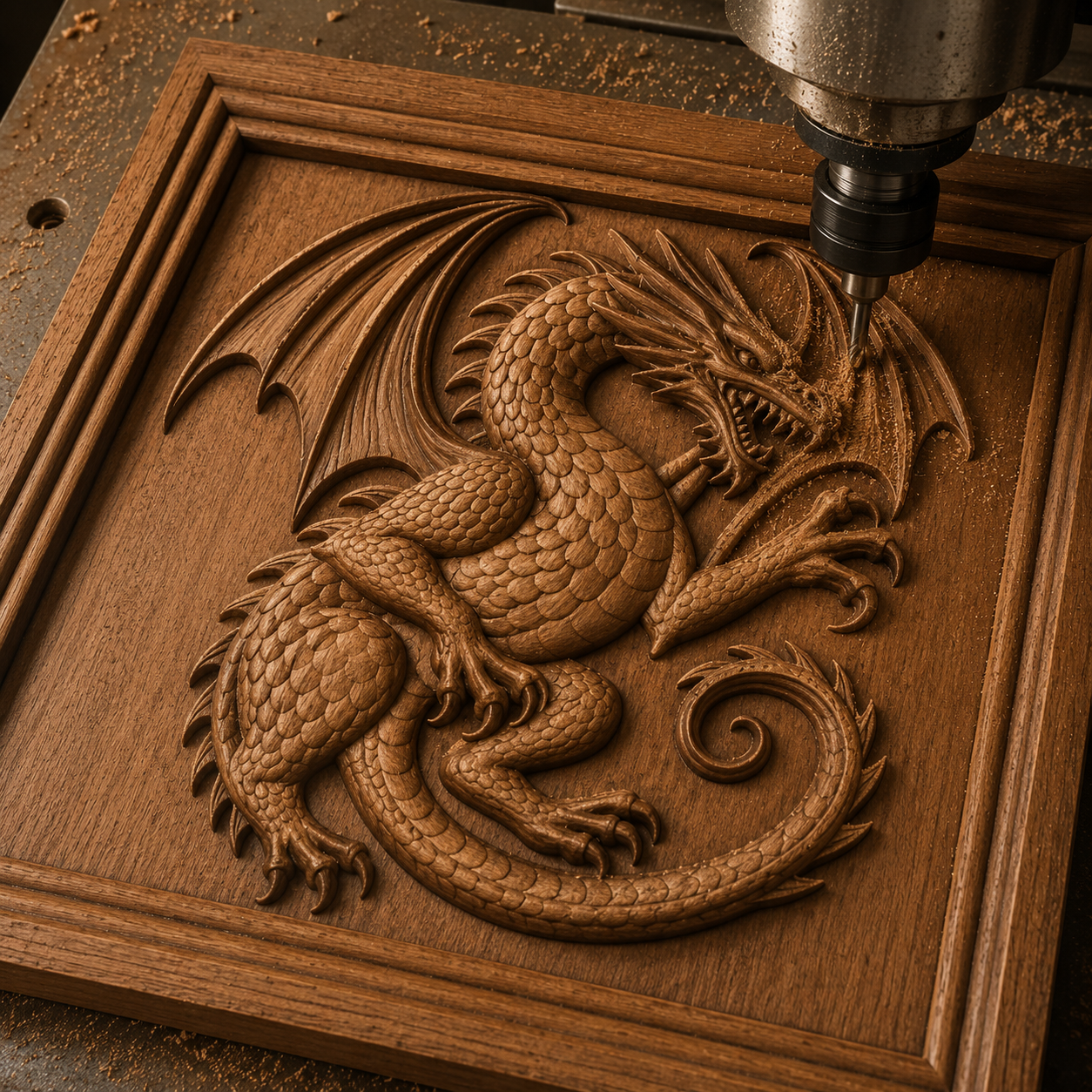 A CNC machine carves a detailed Winged Dragon Panel CNC Relief, based on the "Winged Dragon Panel CNC Relief STL File | Dragon CNC Wall Art" from Form Arcade, into a wooden square panel. Wood shavings are scattered around the intricate design—perfect inspiration for woodworking projects or for creating your own dragon wall art using an STL file and your CNC machine.