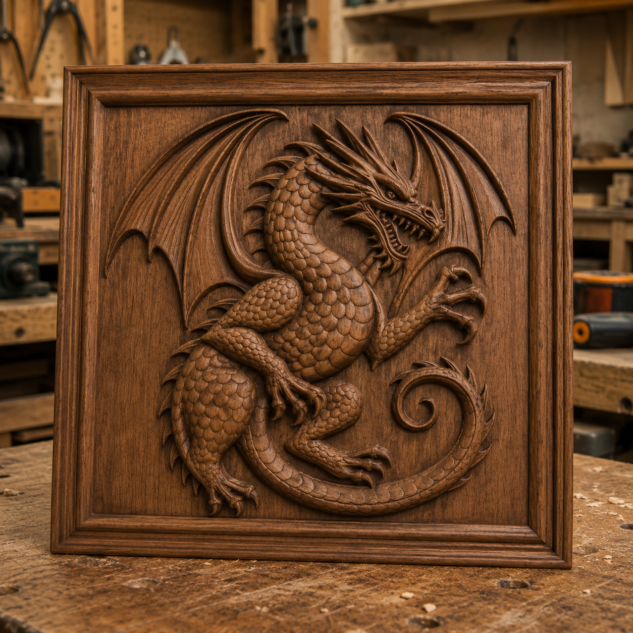 The Winged Dragon Panel CNC Relief STL File by Form Arcade, displayed as an intricately detailed dragon carving in a square frame on a woodworking shop workbench, exemplifies impressive CNC relief wall art craftsmanship.