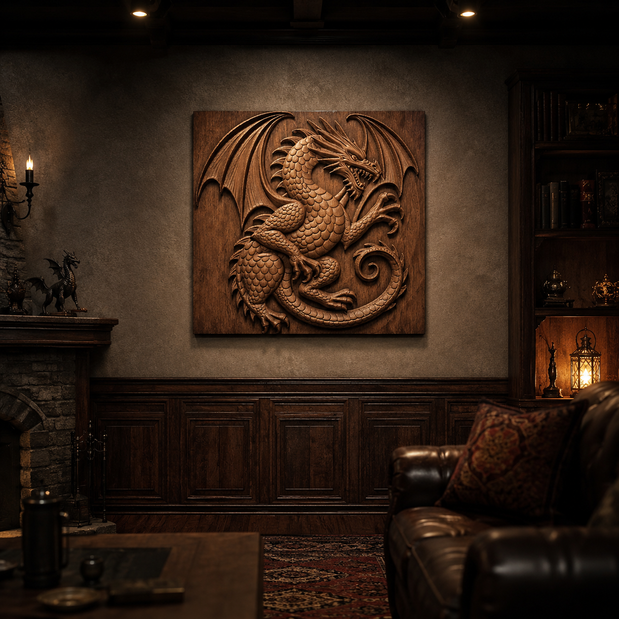 A cozy, dimly lit study features a stunning Winged Dragon Panel CNC Relief STL File | Dragon CNC Wall Art by Form Arcade mounted above rich dark wood paneling, while a plush leather sofa and fireplace contribute to the warm, inviting atmosphere—an inspiring setting for woodworking creativity.