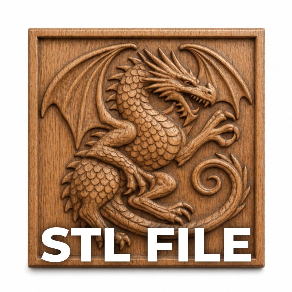 The Winged Dragon Panel CNC Relief STL File by Form Arcade features a dragon with outstretched wings on a square plaque. Ideal for CNC wall art or 3D printing projects. Download this detailed STL file for your next creative design!.