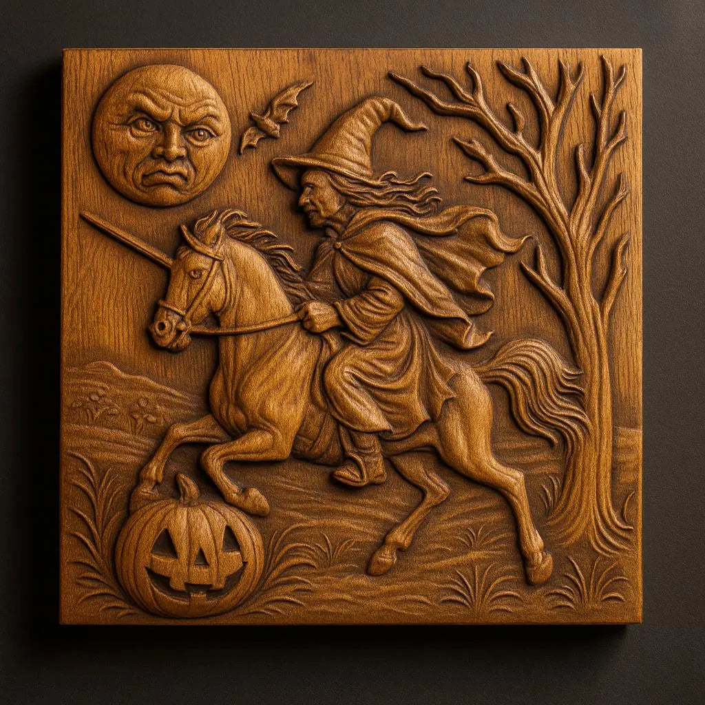 Detailed witch on horse relief showing carved wood texture depth flowing cloak and Halloween scene optimized for CNC carving