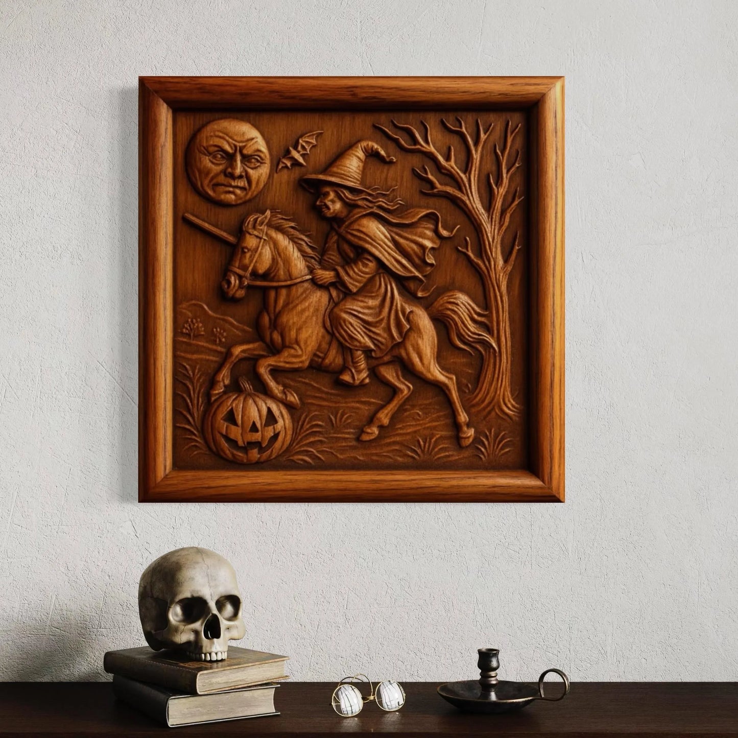 Fresh CNC carved witch on horse relief on wood surface showing raw toolpath detail and carving quality