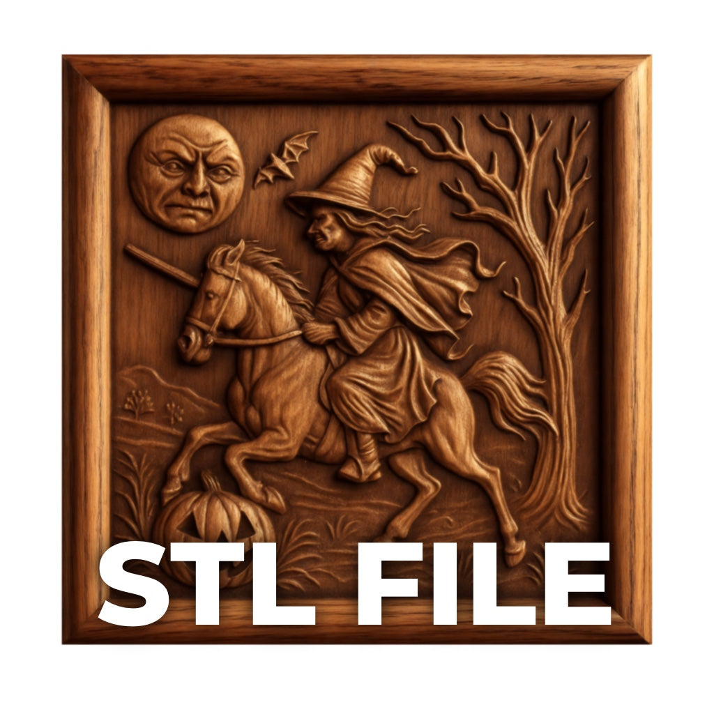 Witch riding horse relief STL file shown as CNC carved wood panel thumbnail with Halloween scene and pumpkin detail