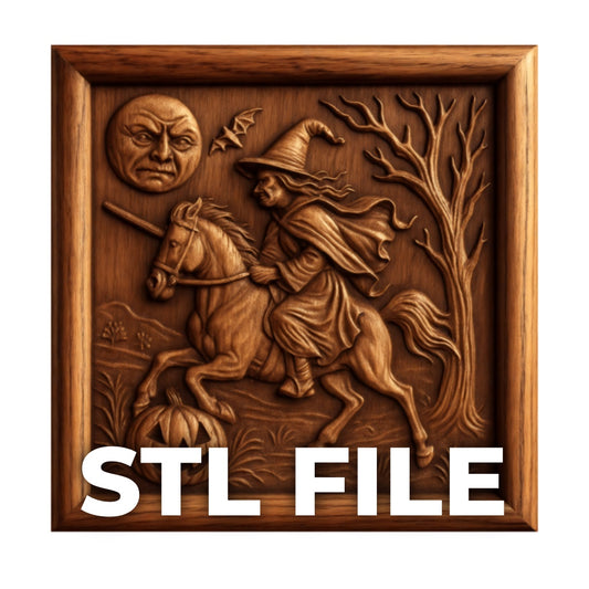 Witch riding horse relief STL file shown as CNC carved wood panel thumbnail with Halloween scene and pumpkin detail