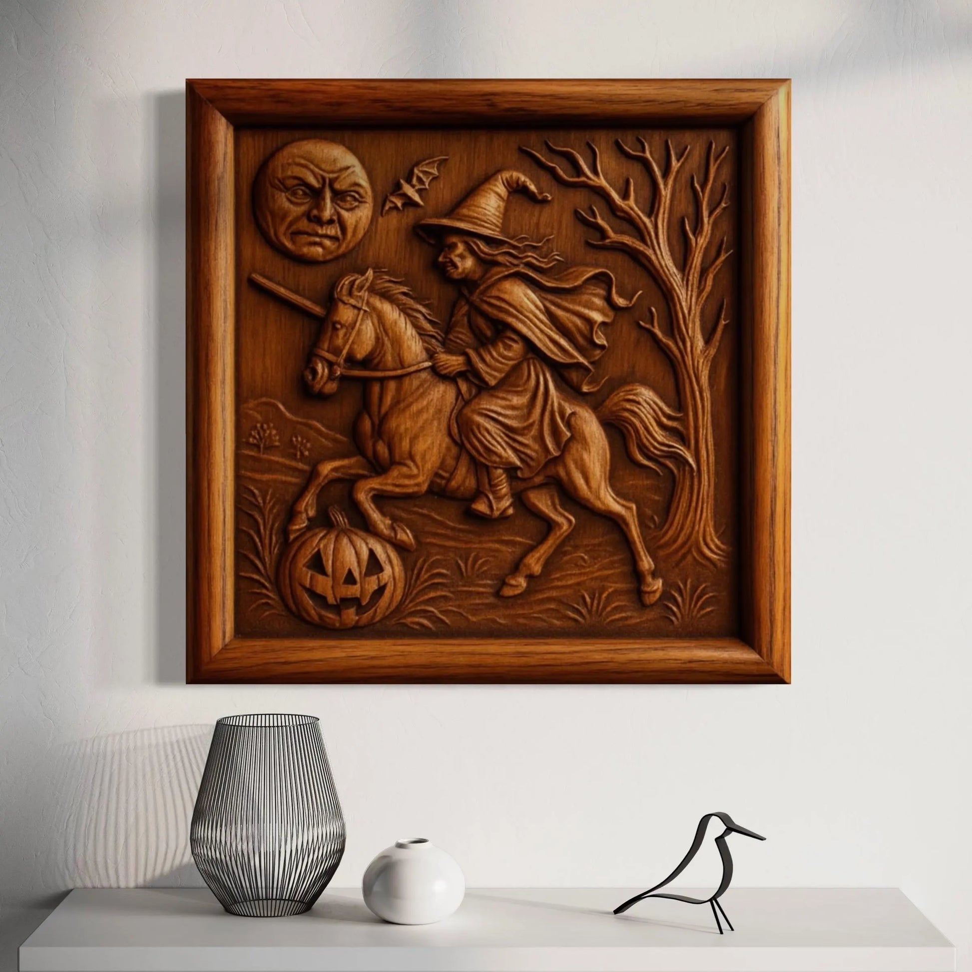 Witch on horse relief displayed as framed wood wall art in interior setting showing finished CNC carved Halloween decor