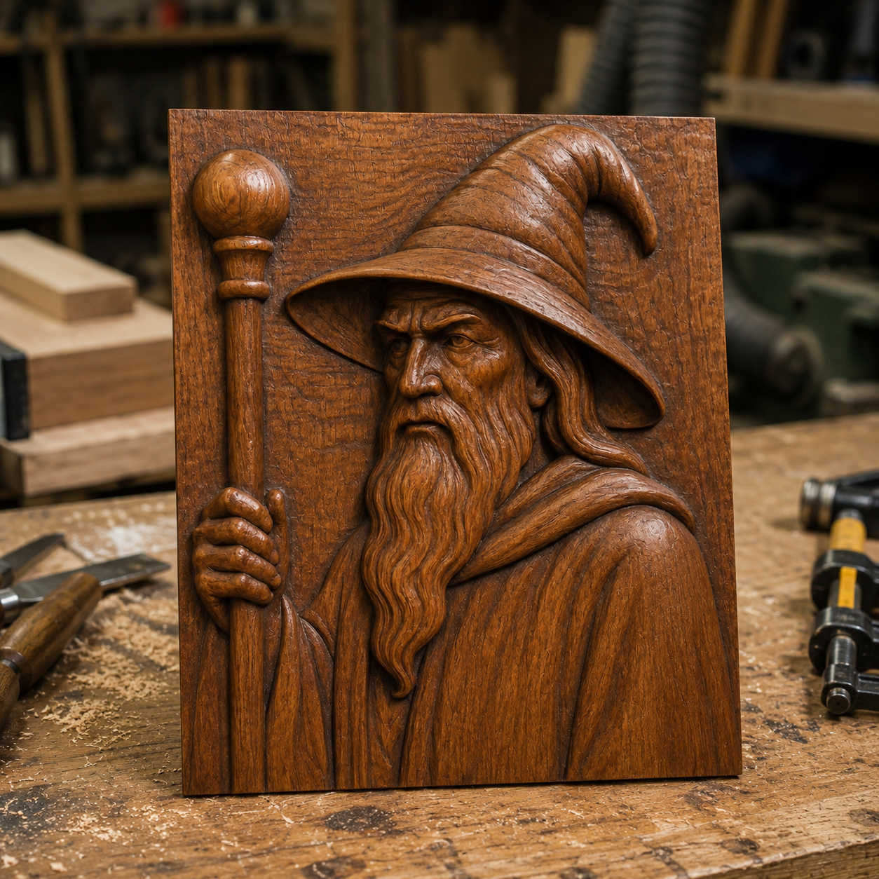 The Wizard Portrait Relief STL File by Form Arcade is a fantasy CNC wall art design featuring a wizard with a long beard, pointed hat, and staff—perfect for inspiring woodworking projects in your shop.