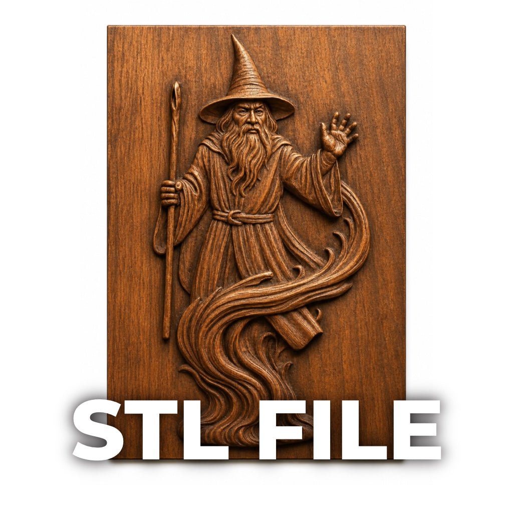 The Wizard Spirit Relief STL File by Form Arcade is a fantasy CNC wall art design featuring a wizard with a staff and hat, swirling magic, and "STL FILE" text—perfect as decorative wall art.