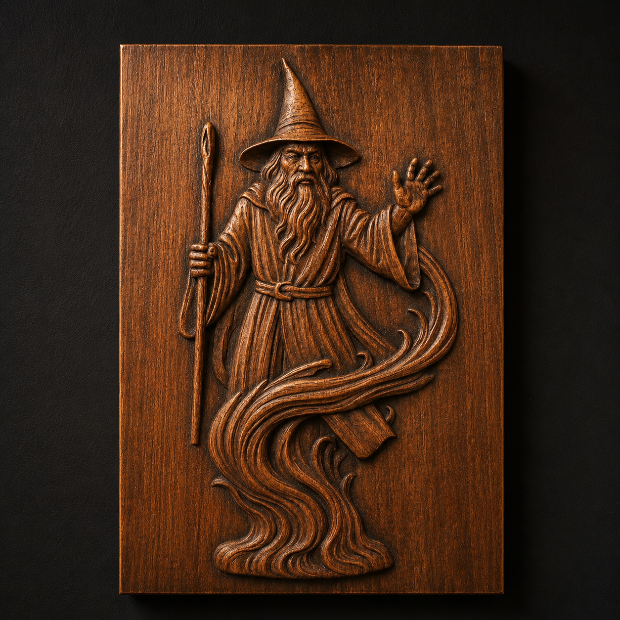 The Wizard Spirit Relief STL File by Form Arcade features a wizard in a pointed hat with staff, one hand raised, and swirling patterns at his feet—ideal fantasy CNC wall art for striking decor.