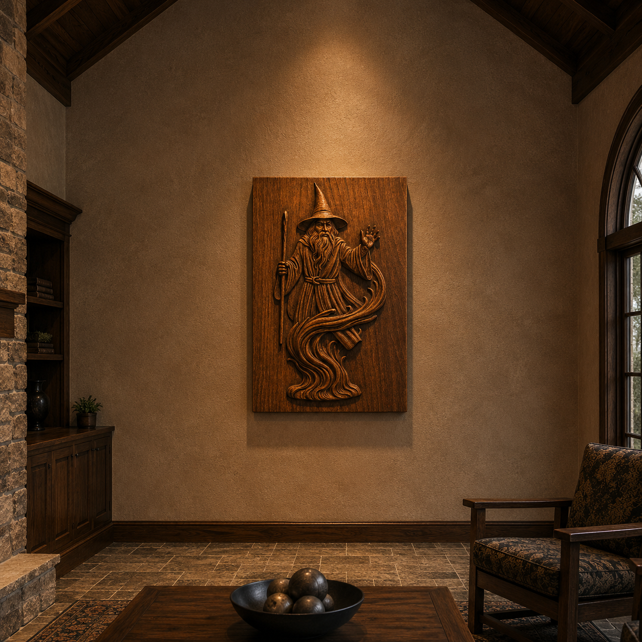 A wood-paneled room features decorative wall art—a Wizard Spirit Relief by Form Arcade, crafted from their Fantasy CNC Wall Art STL file—mounted on a textured wall above a dark bowl with orbs on the coffee table.
