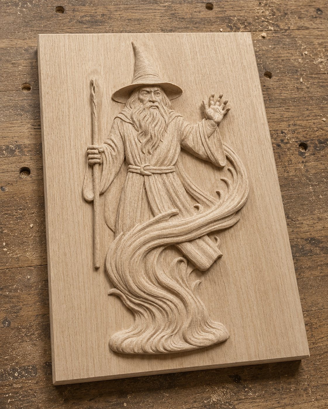The Wizard Spirit Relief STL File by Form Arcade is a fantasy CNC wall art design featuring a wizard in a hat and robe with a staff, surrounded by swirling energy, intricately carved on a textured rectangular panel.