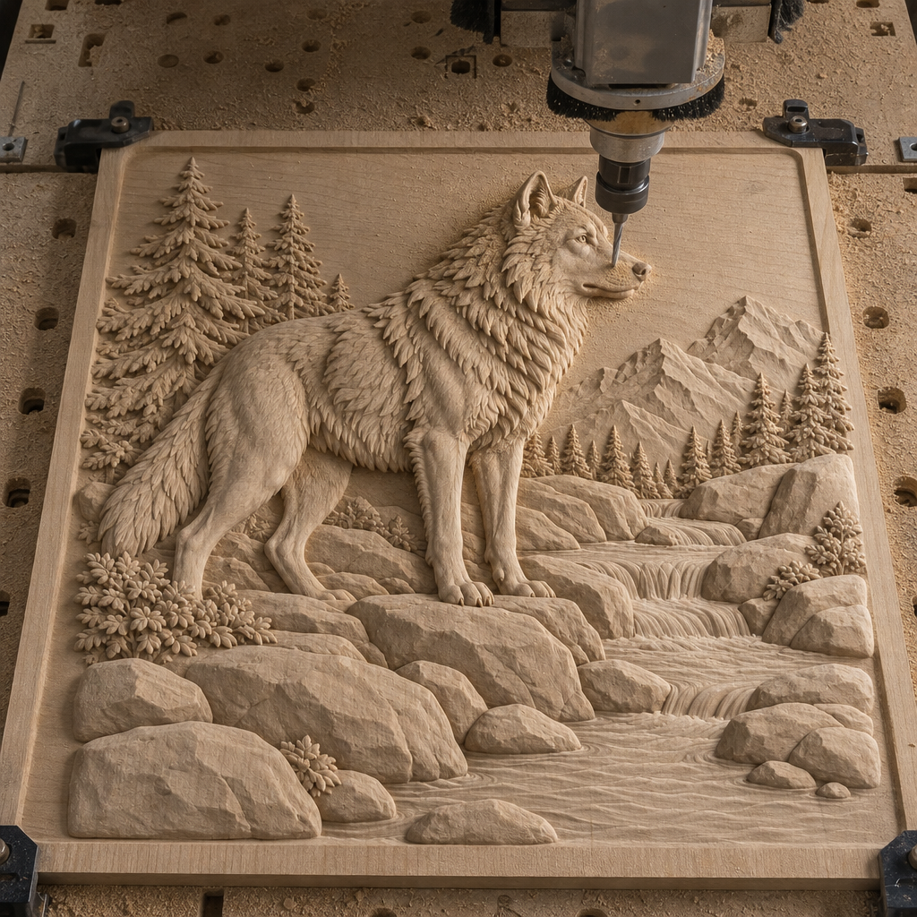 CNC cutting a detailed unfinished wood relief of a standing wolf with evergreen trees, mountains, rocks, and cascading creek.