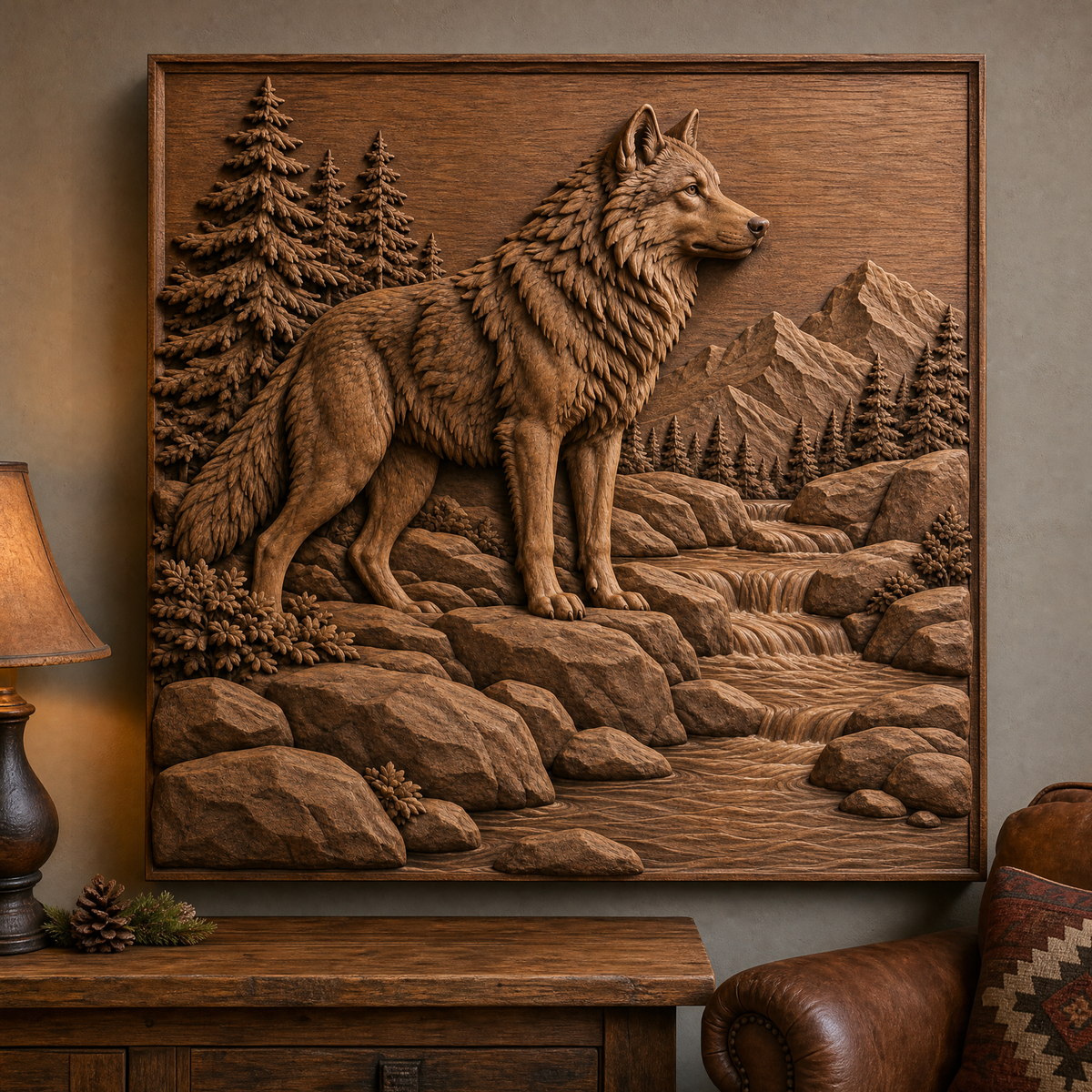 Framed CNC wood relief wall art shows a standing wolf in a forested mountain landscape with rocky creek cascades.