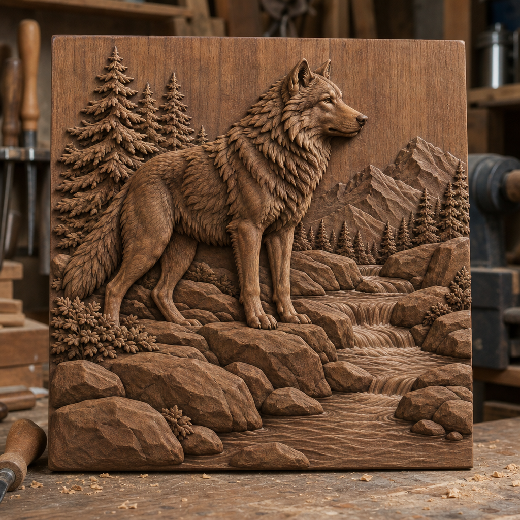 Finished CNC wood relief of a standing wolf among evergreens, mountain peaks, rocks, and cascading creek on a brown wood panel.