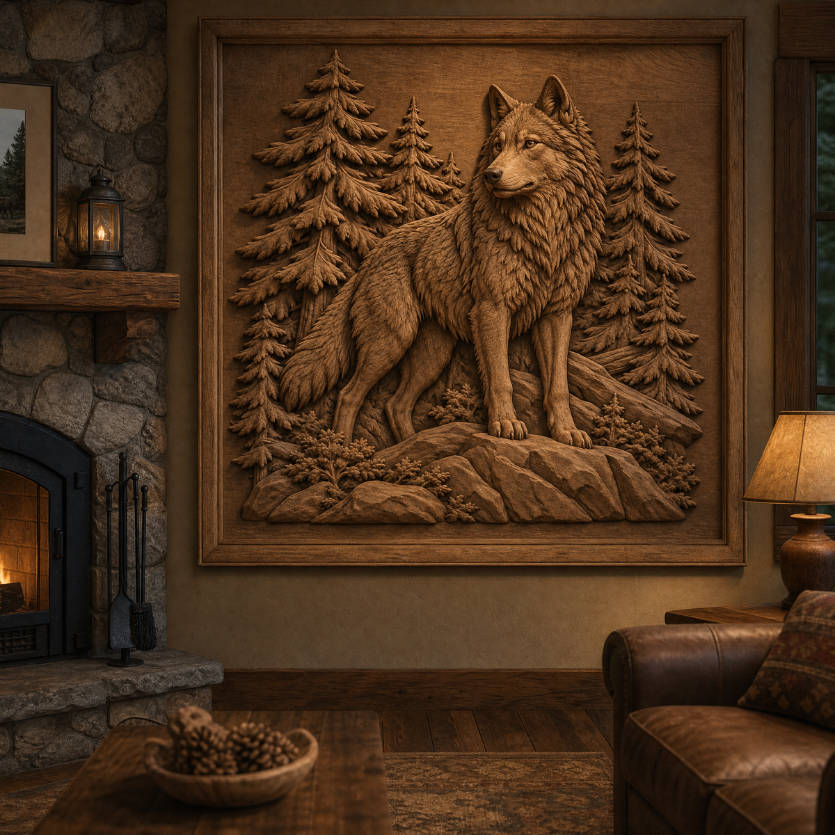 Wall-mounted wood CNC relief showing a standing wolf among pine trees and rocks in a rustic living room.