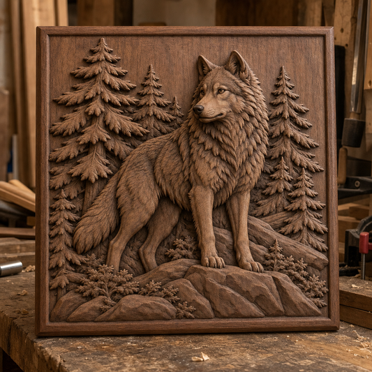 Framed CNC wood relief of a standing wolf among layered pine trees and rocky ground, shown on a workshop bench.
