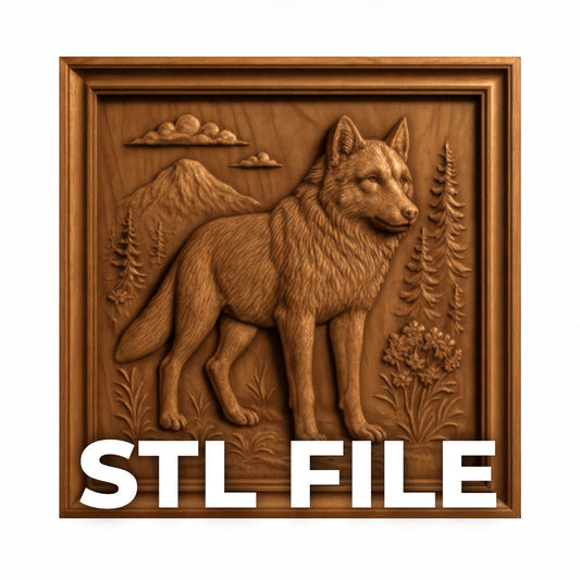 Wolf mountain relief STL file thumbnail showing framed CNC carved wood panel with detailed wolf, mountain landscape, trees, and border designed for CNC carving and 3D printing wall art