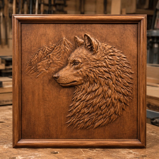 A detailed wolf head in profile with mountains in the background is showcased on the “Wolf Portrait Relief STL File | Wildlife CNC Wall Art” by Form Arcade, displayed on a wooden workbench in a workshop.