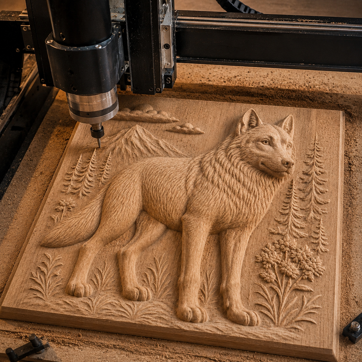 Form Arcade’s Wolf Portrait Mountain Relief STL File creates a stunning CNC-carved wolf portrait amid plants and flowers with mountain scenery, perfect for wildlife wall art enthusiasts.