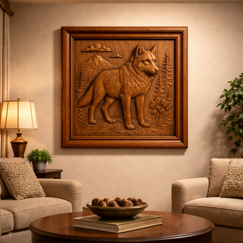 Framed wolf portrait CNC relief carving displayed on a living room wall above a table, featuring a detailed wolf with mountain and forest scenery, warm wood tones, soft ambient lighting, and a realistic finished wall art presentation for home decor inspiration