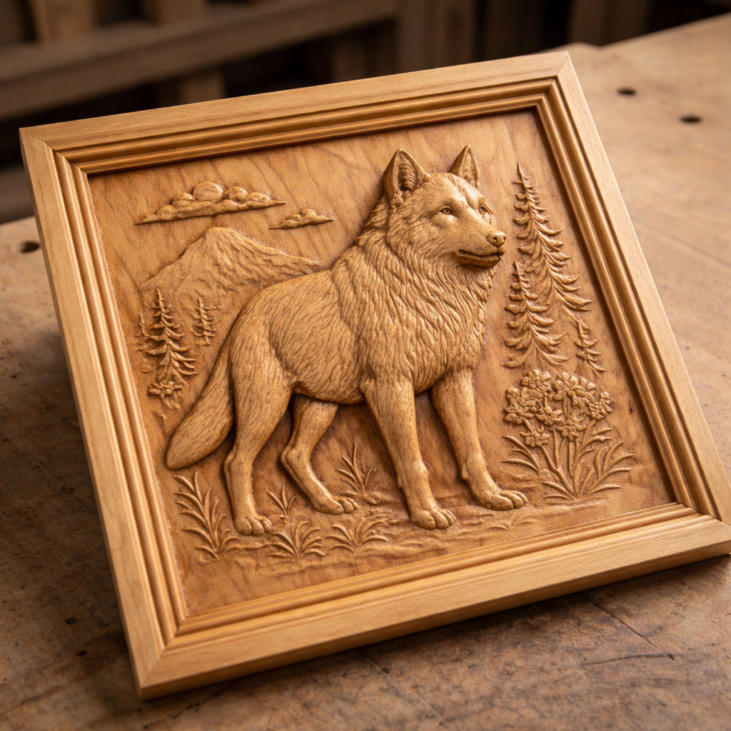 Detailed CNC carved wolf portrait relief panel resting on a wooden workbench, featuring a standing wolf with mountain backdrop, trees, and natural landscape elements, showing fine fur texture, smooth depth transitions, and clean carving detail ideal for woodworking and CNC relief projects