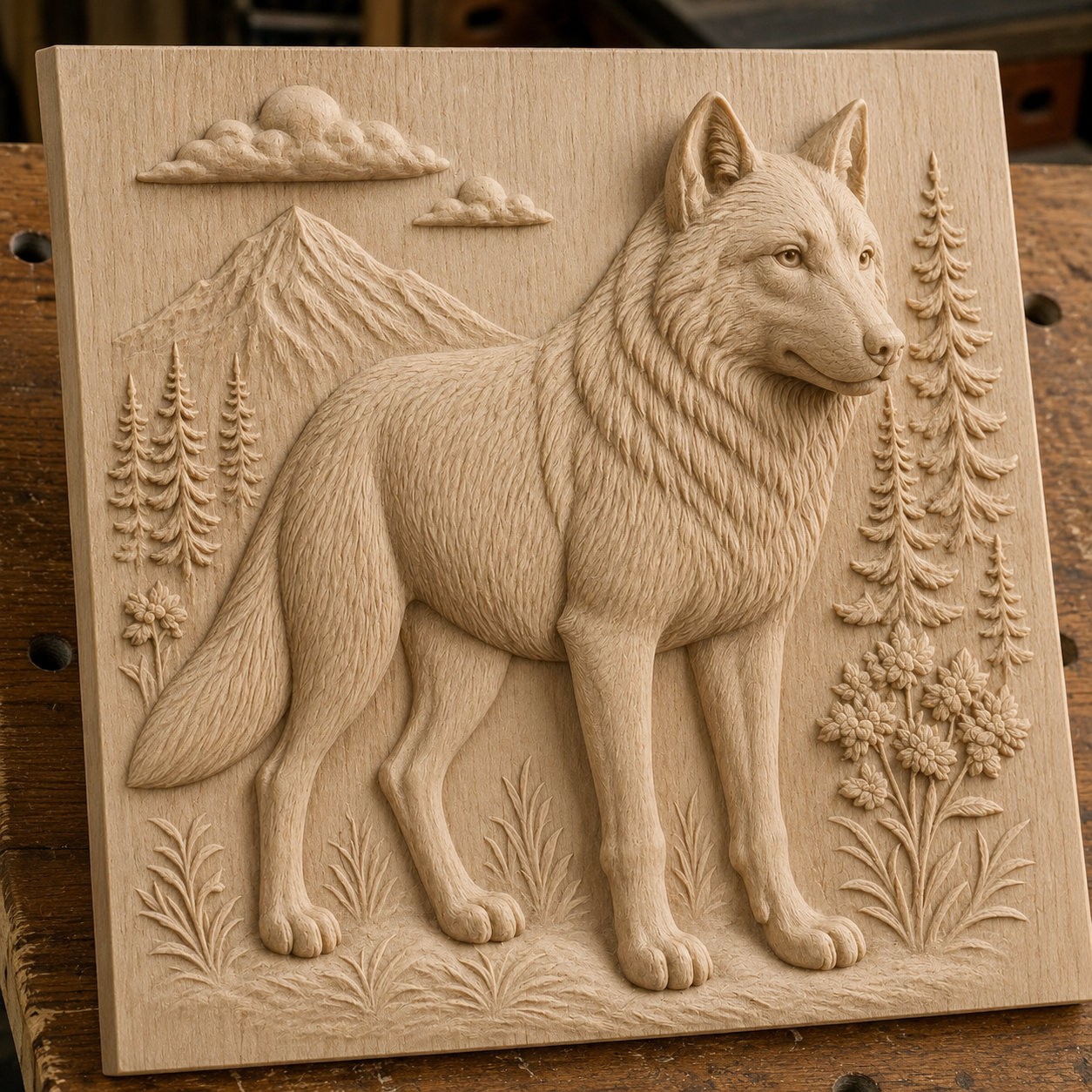 The Wolf Portrait Mountain Relief STL File by Form Arcade showcases a CNC wall art design featuring a detailed wolf among grass, flowers, pine trees, clouds, and mountains—a stunning tribute to wildlife for your space.