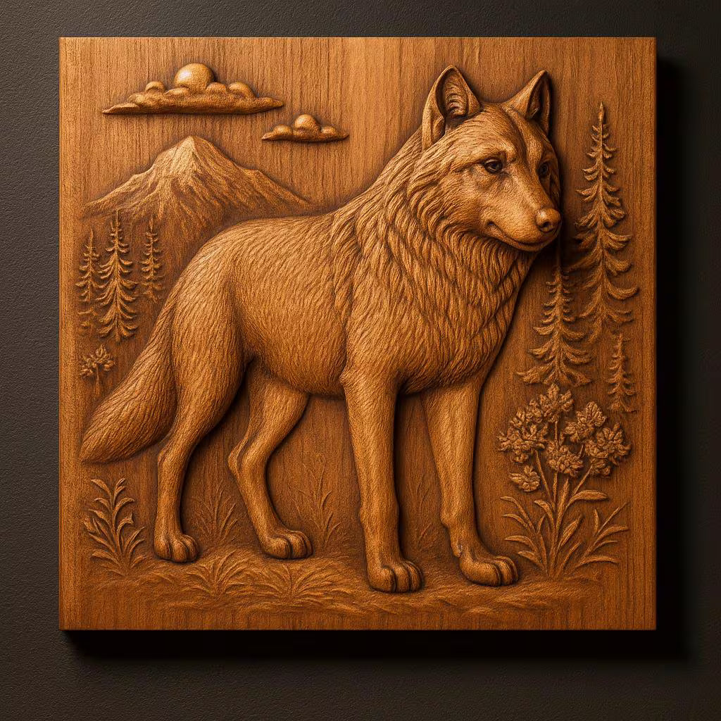 Detailed wolf mountain relief CNC STL design showing full panel with realistic fur texture, layered depth, trees, and mountain background optimized for CNC carving and 3D printing