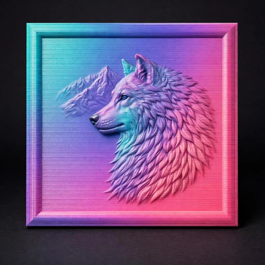 Wolf portrait relief STL file shown as colorful 3D printed bas relief panel highlighting smooth depth transitions and layered detail for resin and FDM 3D printing
