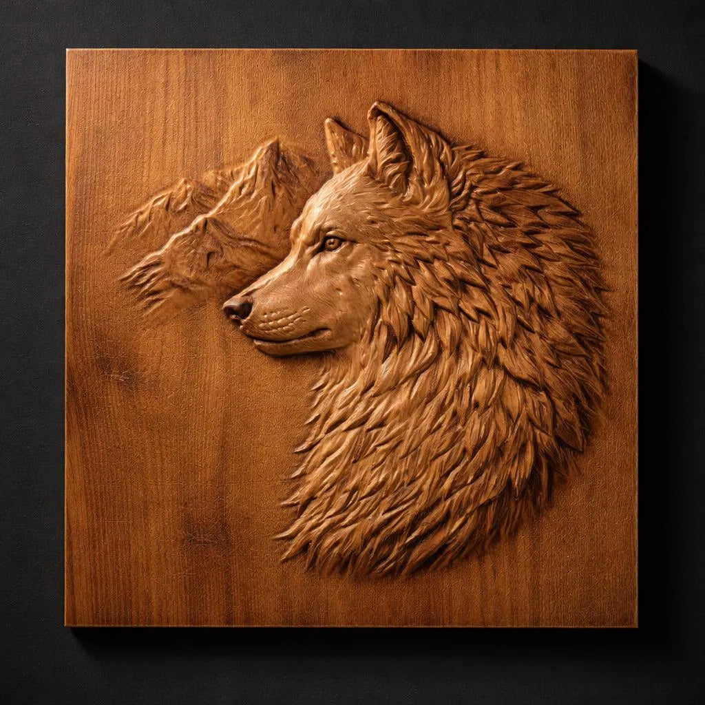 Detailed wolf portrait relief CNC STL design showing realistic fur texture, depth layers, and clean carving transitions optimized for CNC carving and high-resolution 3D printing