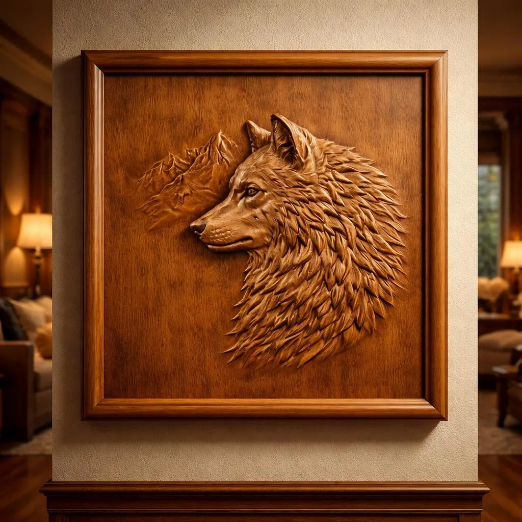 Wolf portrait relief CNC carved wood wall art panel displayed in warm interior setting with frame, wildlife decor created from STL file for CNC carving and 3D printing