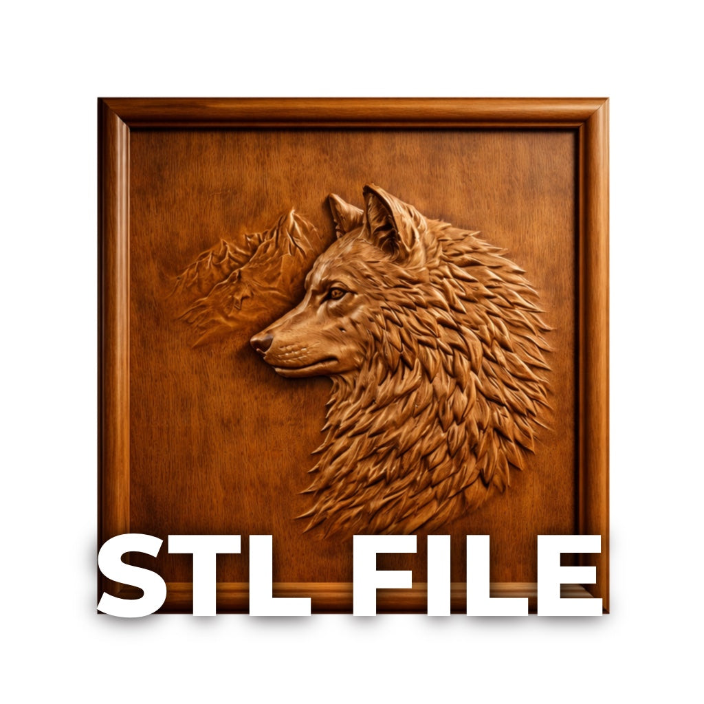 Wolf portrait relief STL file thumbnail showing framed CNC carved wood panel with detailed wolf head profile designed for CNC carving and 3D printing wall art