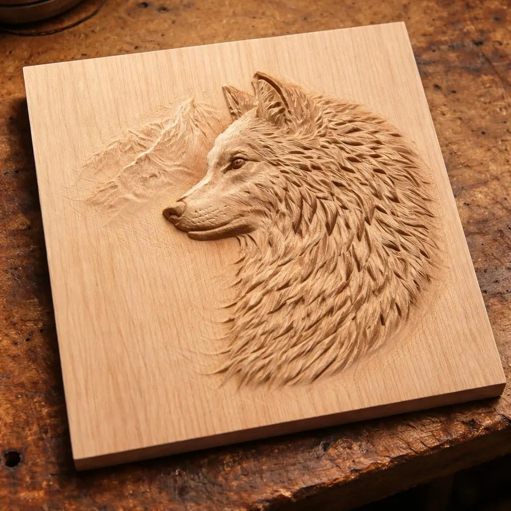 Wolf portrait relief CNC carved wood panel on workbench showing natural wood grain, carving depth, and clean toolpaths created from STL file for CNC carving projects