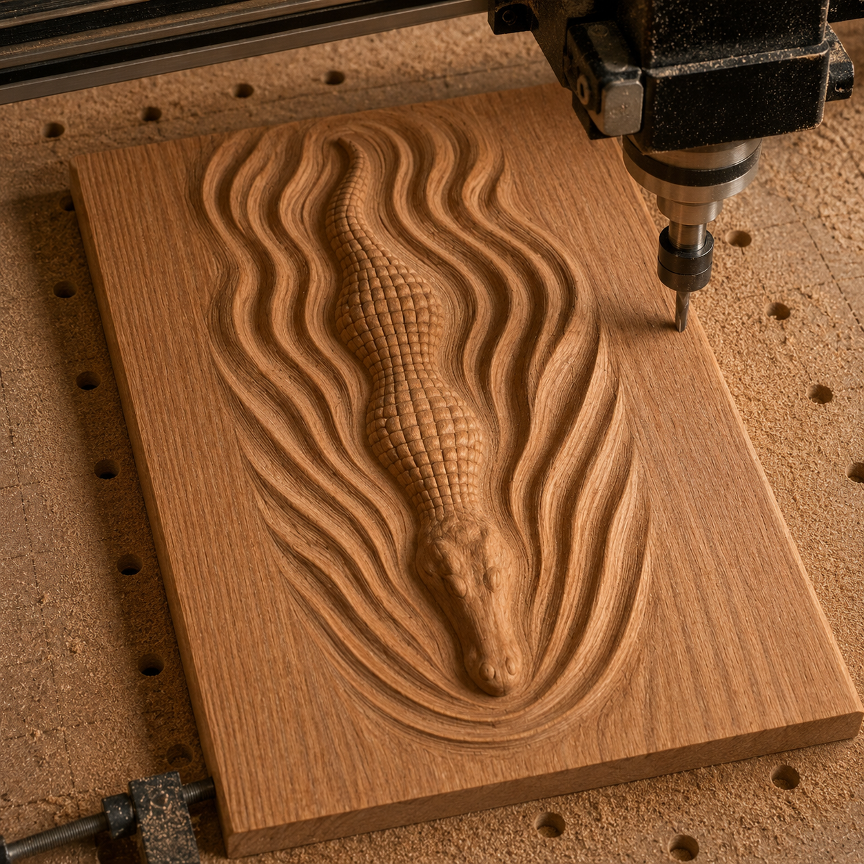 The Alligator Relief STL File by Form Arcade lets your CNC machine create detailed crocodile wildlife wall art with wavy lines, showcasing intricate patterns and wood textures.