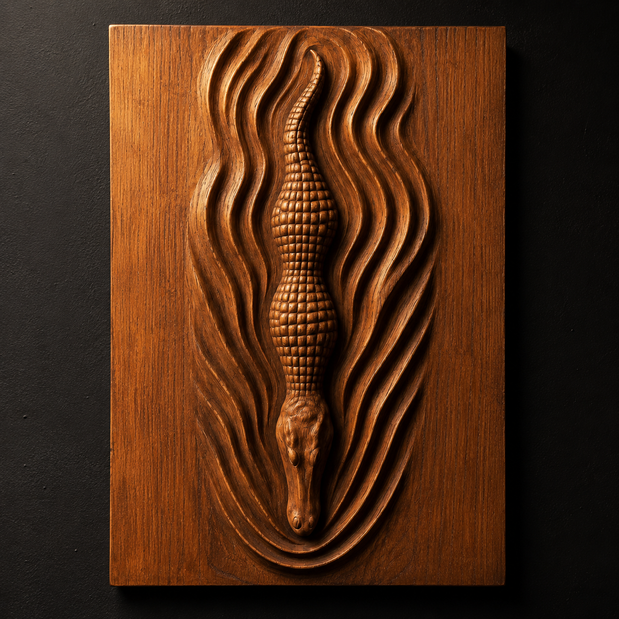Form Arcade’s Alligator Relief STL File | Crocodile Wildlife CNC Wall Art features a carved panel of an alligator amid flowing water in smooth, curved lines—perfect for CNC carving or wall art inspiration.