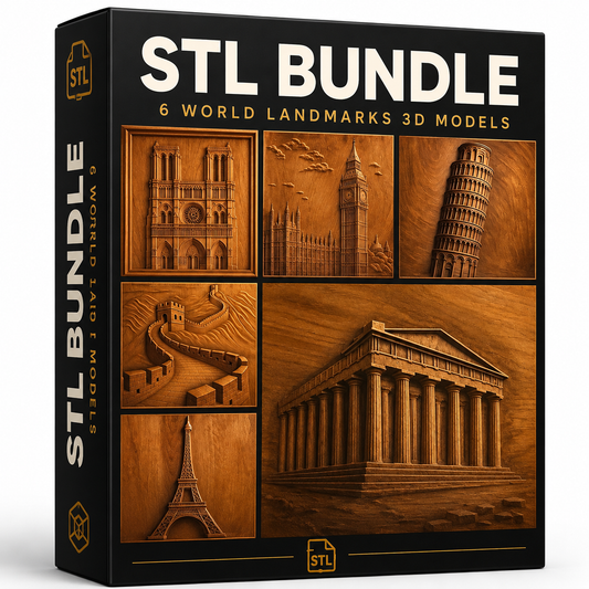 The World Landmarks Relief STL 6 Pack Bundle by Form Arcade includes detailed CNC wall art files of iconic landmarks, ideal for decorative projects or relief carvings.