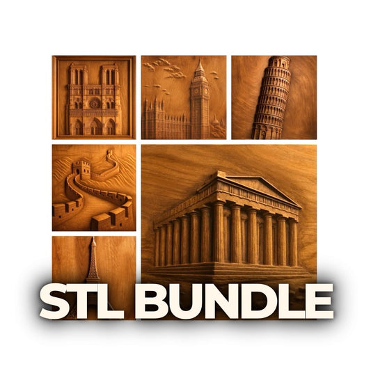 Square collage of carved wooden relief panels featuring iconic world landmarks including Eiffel Tower, Big Ben clock tower, Leaning Tower of Pisa, Notre Dame cathedral, Great Wall of China, and classical Greek temple, arranged in a clean grid layout with strong wood grain texture and depth, labeled STL bundle for CNC carving and 3D printing projects