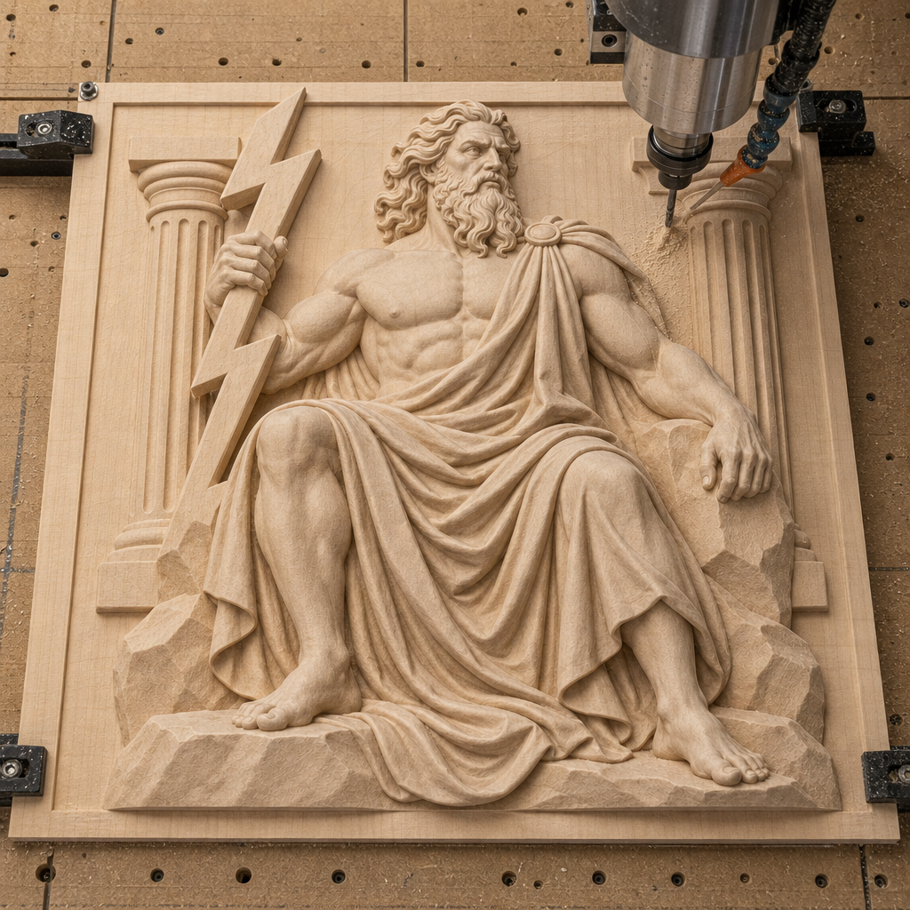 CNC router carving a wood relief of seated Zeus with a lightning bolt, drapery, rocky forms, and classical columns.
