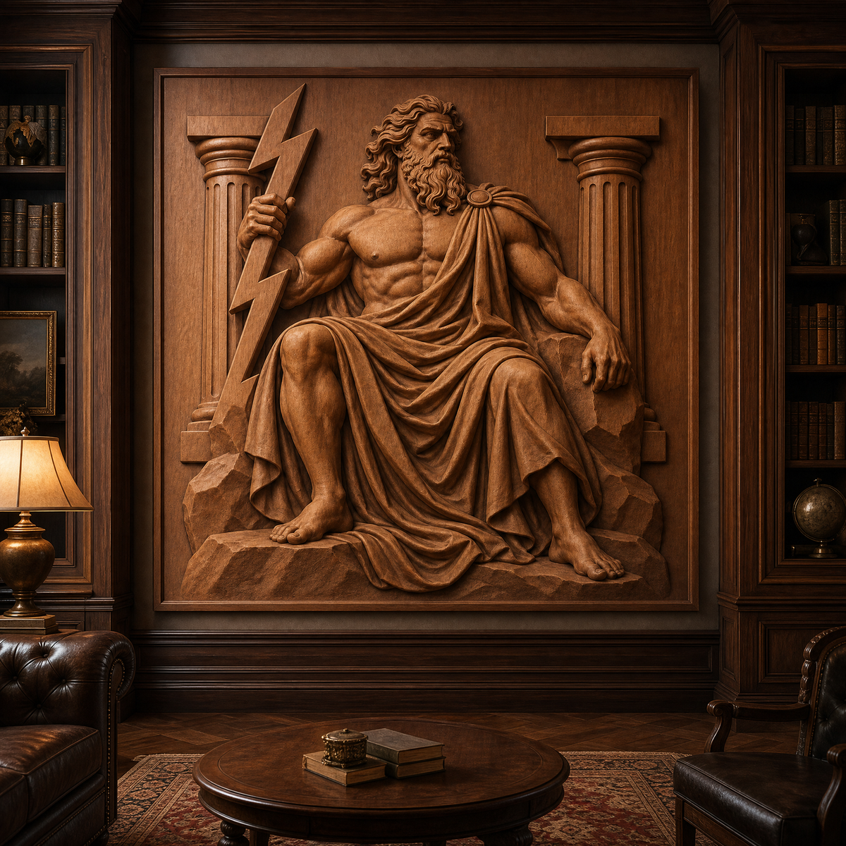 Wood CNC relief of bearded Zeus with a lightning bolt and fluted columns mounted in an elegant wood-paneled room.