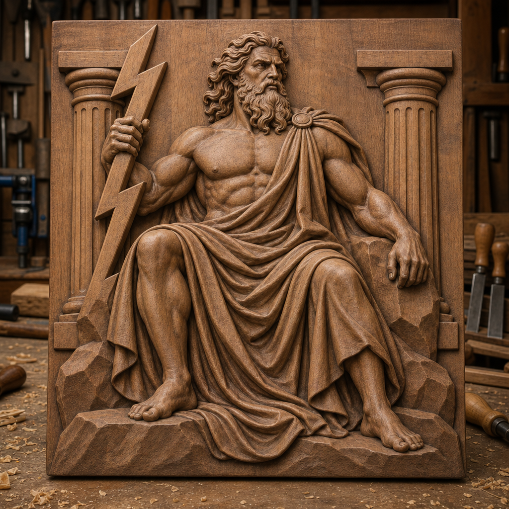 Finished wood CNC relief of Zeus seated with a lightning bolt between fluted columns, shown in a workshop.