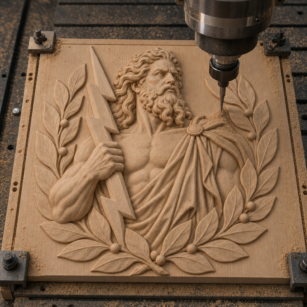 CNC cutting machine carves a Zeus relief with lightning bolt and laurel branches into a wood panel.