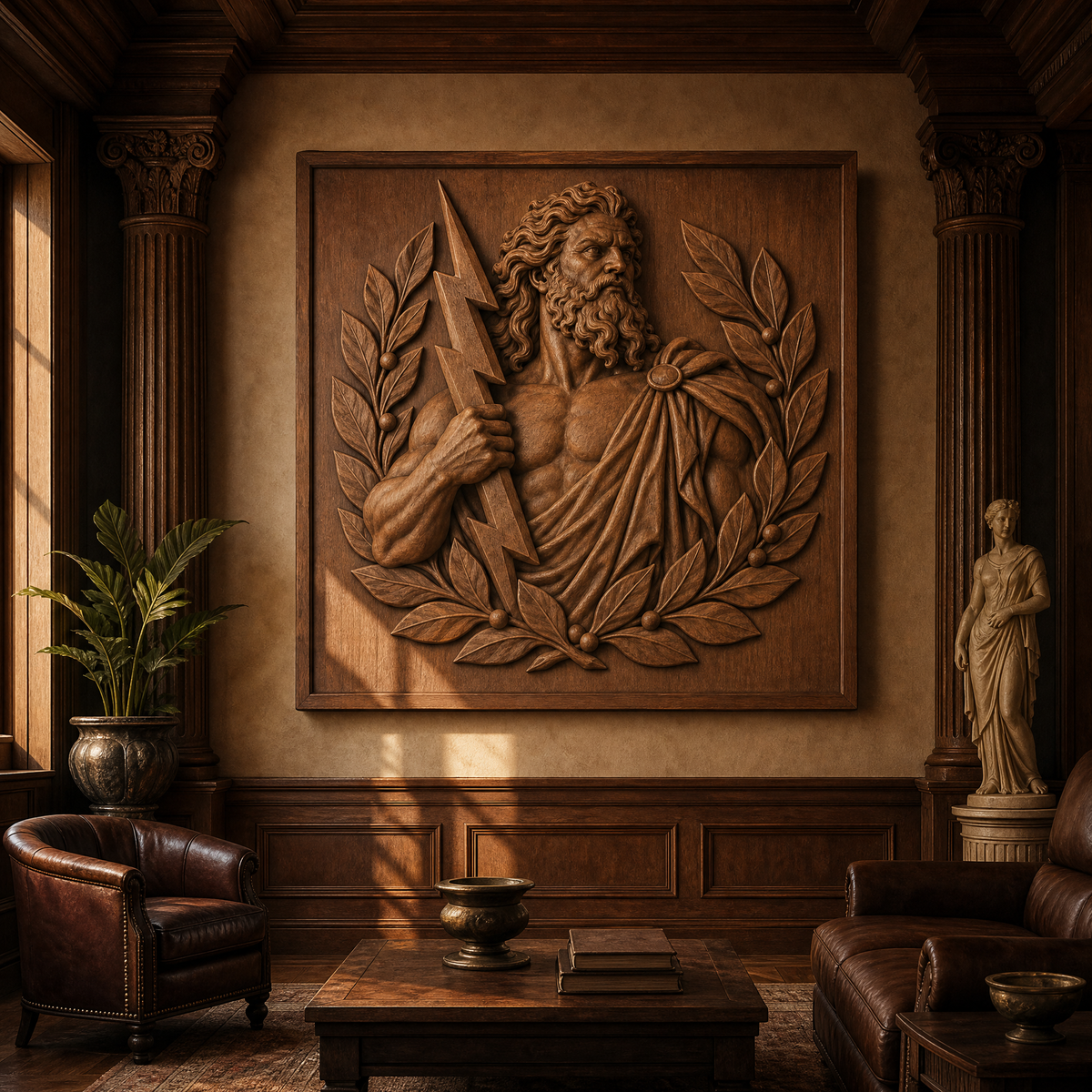 Zeus CNC wood relief with lightning bolt and laurel wreath displayed on a paneled wall in a classical room.