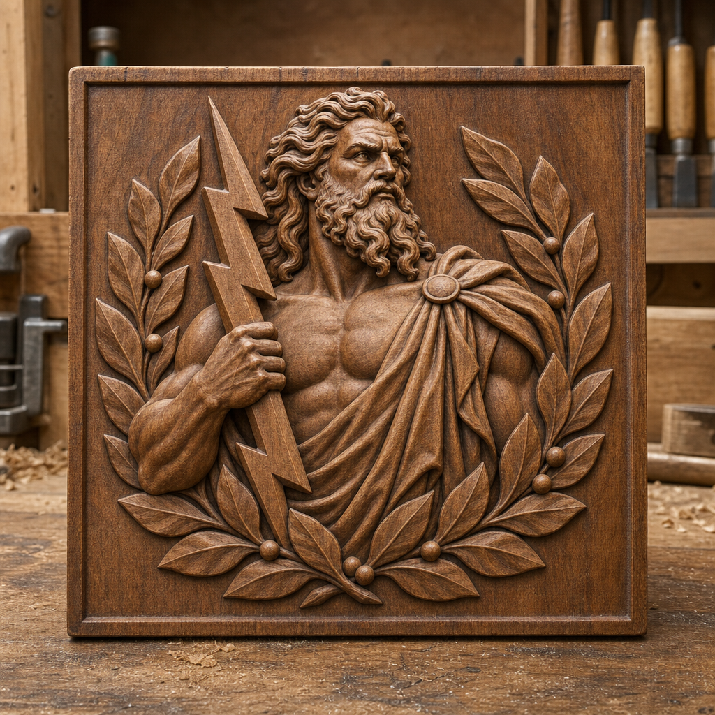 Framed CNC wood relief of Zeus with flowing beard, lightning bolt, and laurel wreath, shown on a workshop bench.