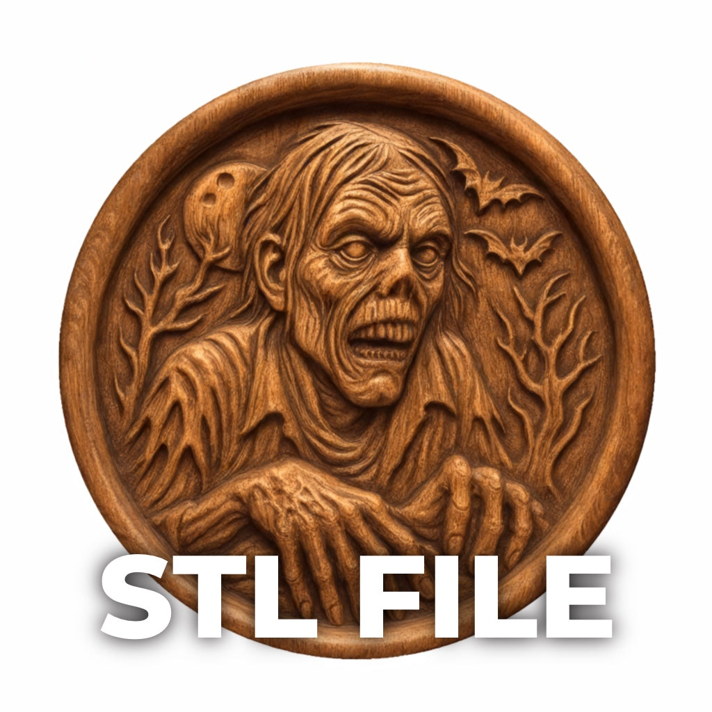 The Zombie Medallion Relief STL File by Form Arcade features a spooky zombie in tattered clothes, with branches, a bat, and an owl—perfect horror CNC wall art for 3D printing or carving. Bold "STL FILE" lettering appears at the bottom.
