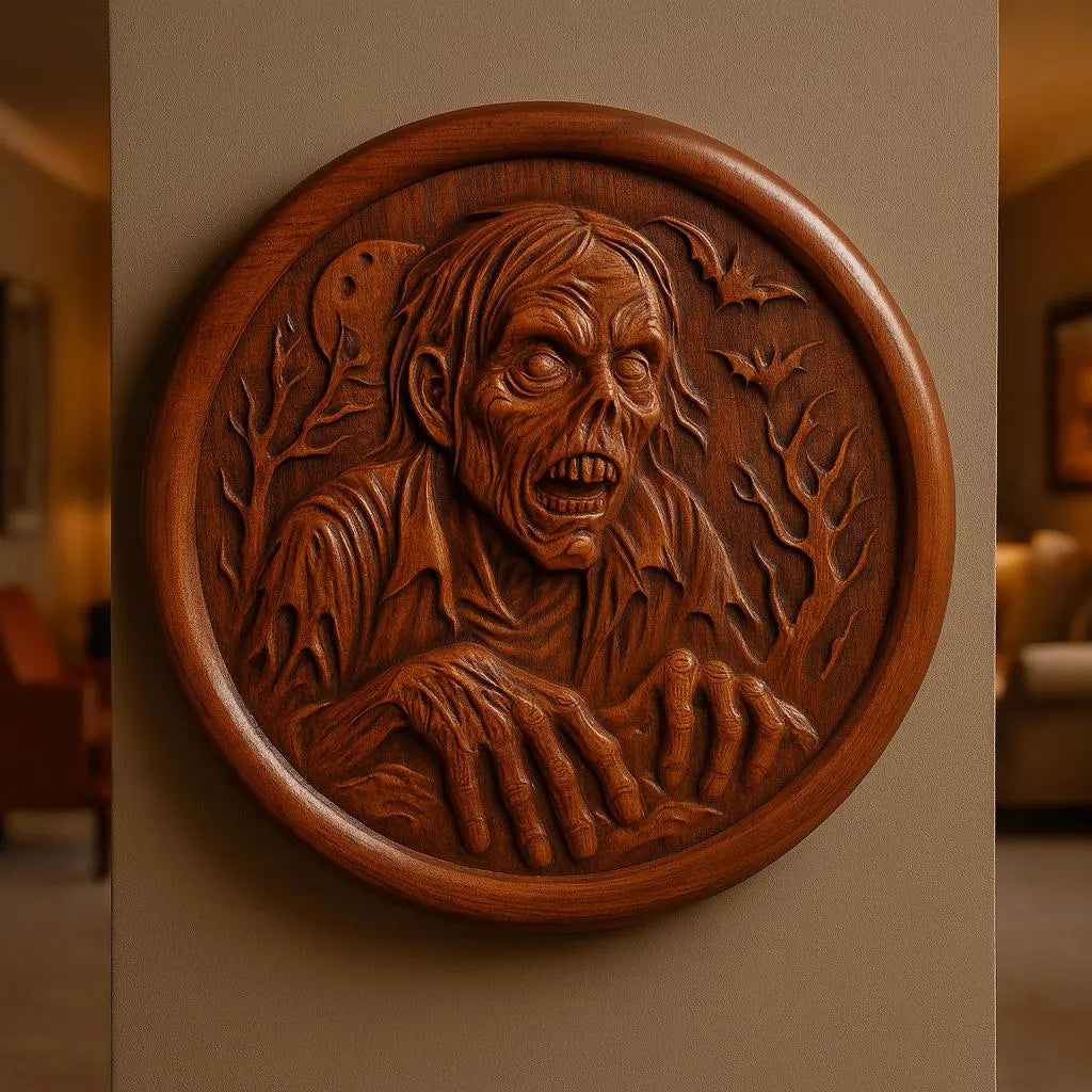 The Zombie Medallion Relief STL File by Form Arcade features a round wooden plaque with a CNC-carved zombie and bats—ideal Horror CNC Wall Art for woodworking projects or displaying indoors.